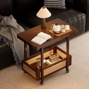 Vintage Rolling Coffee Table with Rattan Shelf